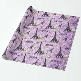 Eiffel Tower on Purple Damask Wrapping Paper