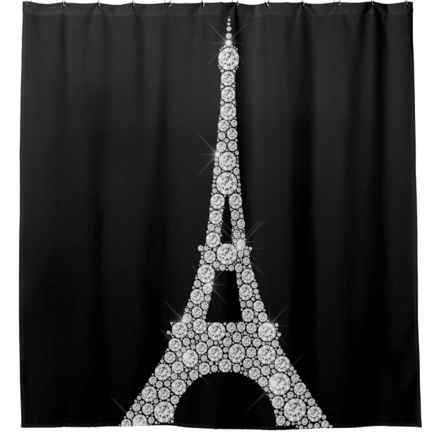 Eiffel Tower Pari Black White Swarovski Crystals Shower Curtain (Front)