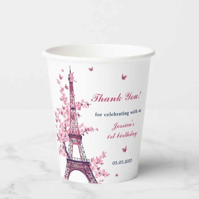 Eiffel Tower Paris 1st Birthday Paper Cups (Front)