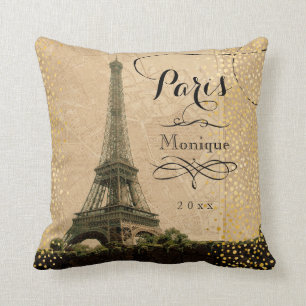Eiffel Tower Paris Beige Faux Gold Monogram Name Cushion