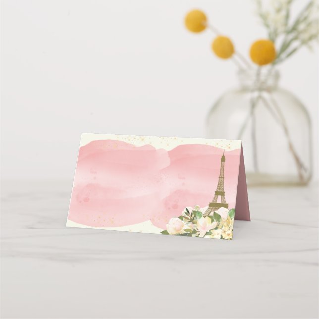 Eiffel Tower Paris Birthday Pink Gold Glitter  Place Card (Front)