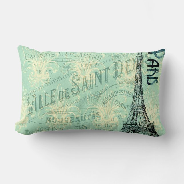 Eiffel Tower Paris Blue Post Card Vintage Pillow (Front)