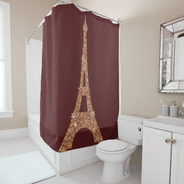Eiffel Tower Paris Burgu Rose Gold Copper Crystals Shower Curtain (In Situ)