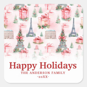 Eiffel Tower, Paris Chic French Pink Christmas Square Sticker