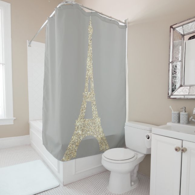 Eiffel Tower Paris Faux Glam Gold Grey Crystals Shower Curtain (In Situ)