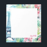 Eiffel Tower Paris France Floral Notepad<br><div class="desc">A pretty watercolor Paris Eiffel Tower illustration decorates this notepad.  Personalise it with your name. It coordinates with Eiffel tower backpack and school supplies. So fashionable for back to school.</div>