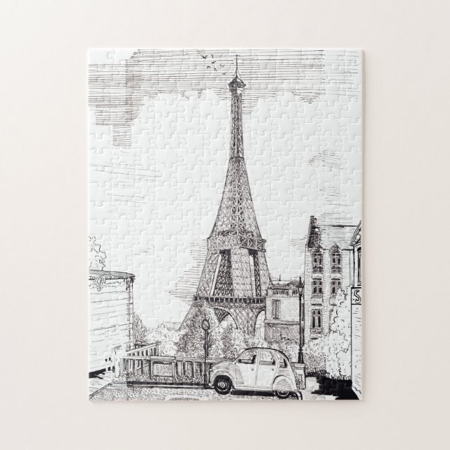Eiffel Tower Paris France Pen Ink Illustration Jigsaw Puzzle (Vertical)