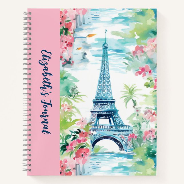 Eiffel Tower Paris France Pink Floral Journal (Front)