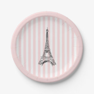 Eiffel Tower Paris Illustration Pink Stripe Paper Plate