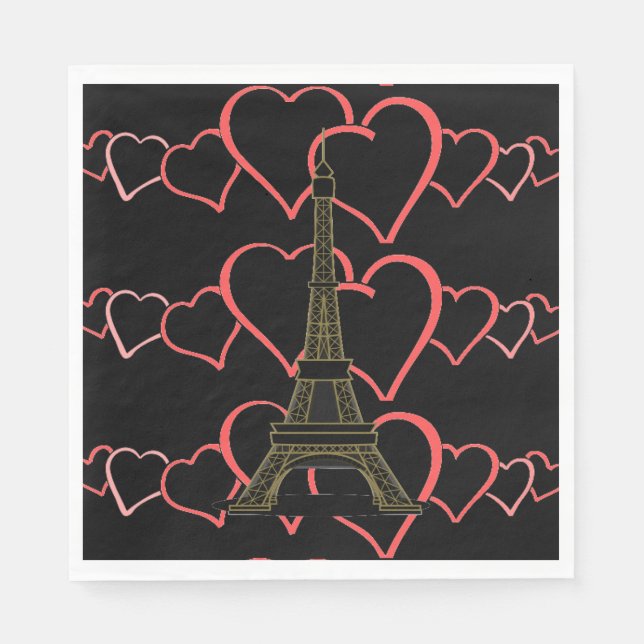 Eiffel Tower Paris Love French Wedding Heart Black Napkin (Front)