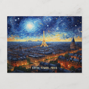 Eiffel Tower Paris Night Illustration Travel Art Postcard