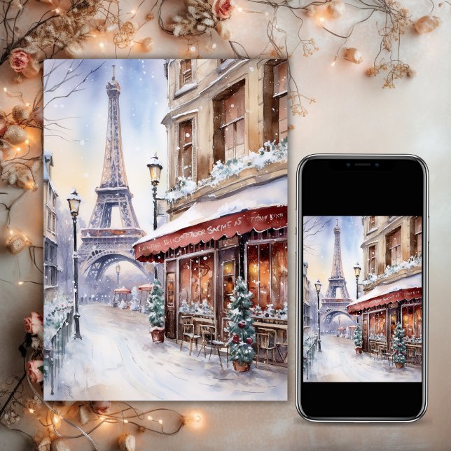 Eiffel Tower, Paris Street Watercolor Christmas Holiday Card (Creator Uploaded)