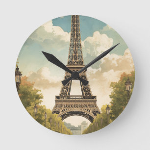 Eiffel Tower Paris Travel Vintage Style Retro Art Round Clock