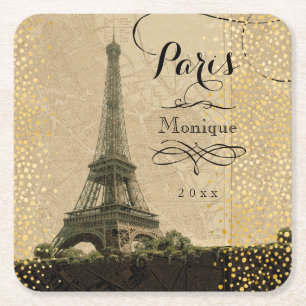 Eiffel Tower Paris Vintage Map Gold Dots Monogram Square Paper Coaster