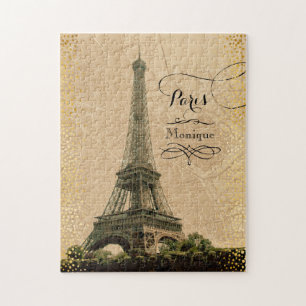 Eiffel Tower Paris Vintage Map Monogram Name Jigsaw Puzzle