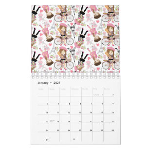Eiffel Tower Parisian Girl Paris Flower Pink Heart Calendar