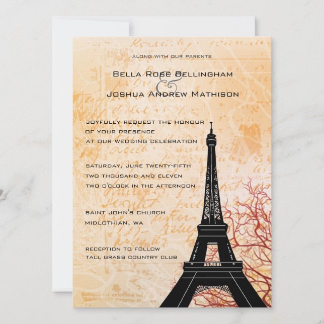 Eiffel Tower Peach Wedding Invitation (Front)