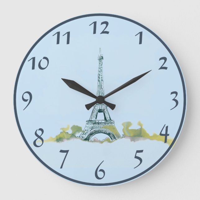 Eiffel Tower Pen and Ink Sketch on Blue Large Clock (Front)
