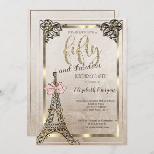 Eiffel Tower,Pink Bow Border 50th Birthday Party Invitation