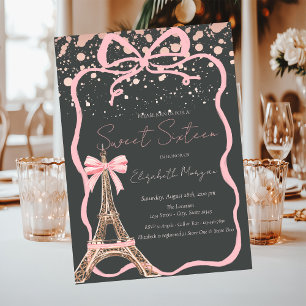 Eiffel Tower Pink Bow Dots Grey Sweet 16 Invitation