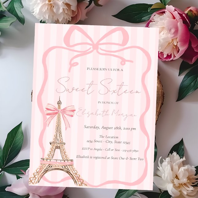Eiffel Tower Pink Bow Pink Stripes Sweet 16 Invitation (Creator Uploaded)