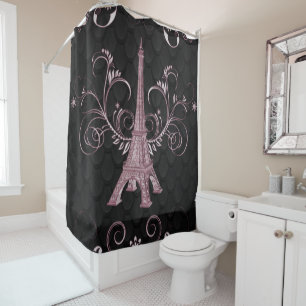 Eiffel Tower Pink Floral Swirls Shower Curtain