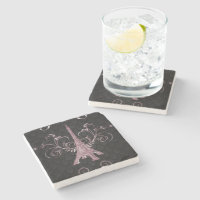 Eiffel Tower Pink Floral Swirls Stone Coaster