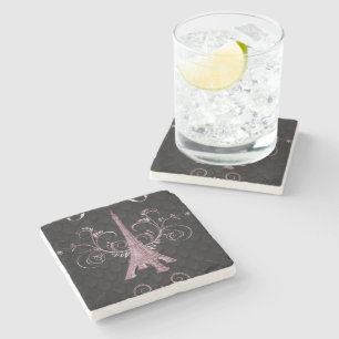 Eiffel Tower Pink Floral Swirls Stone Coaster