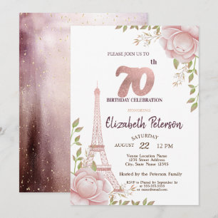 Eiffel Tower Pink Flowers 70th Birthday Invitation