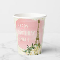 Eiffel Tower Pink Gold Glitter Happy Birthday