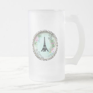 Eiffel Tower Pink Roses and Zebra Print Frosted Glass Beer Mug