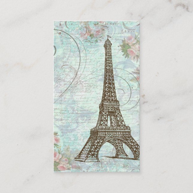 Eiffel Tower Pink Roses & Scrolls Business Card (Front)