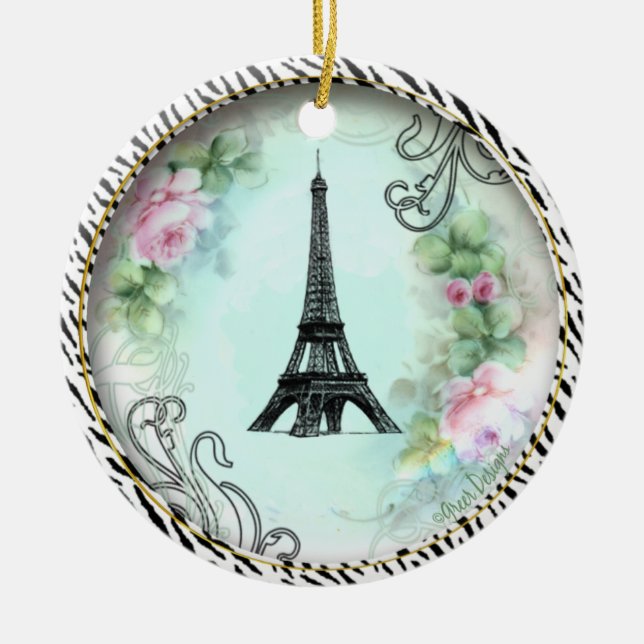 Eiffel Tower Pink Roses Zebra print Ceramic Tree Decoration (Front)