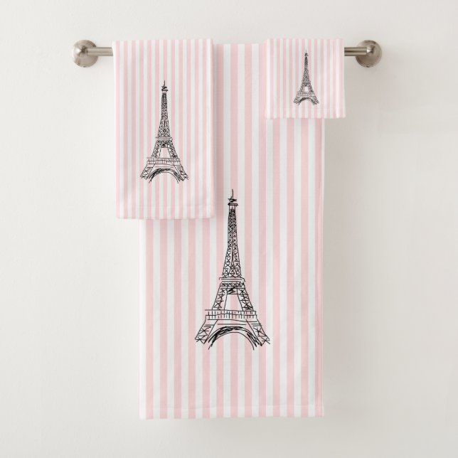 Eiffel Tower Pink Stripe Bath Towel Set (Insitu)
