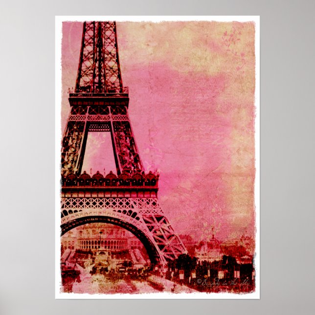 Eiffel Tower Pink Sunset Vintage Style Poster (Front)