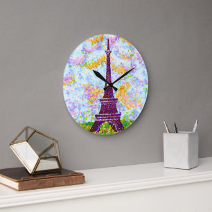 Eiffel Tower Pointillism Spring Landscape Large Clock