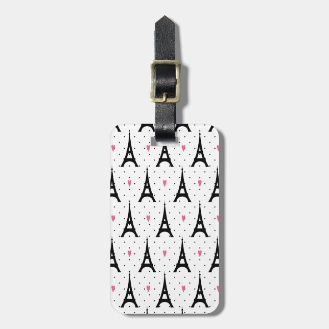 Eiffel Tower Polka Dots & Hearts Pattern Luggage Tag (Front Vertical)