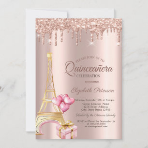 Eiffel Tower Present Balloons Rose Gold Drips Invitation