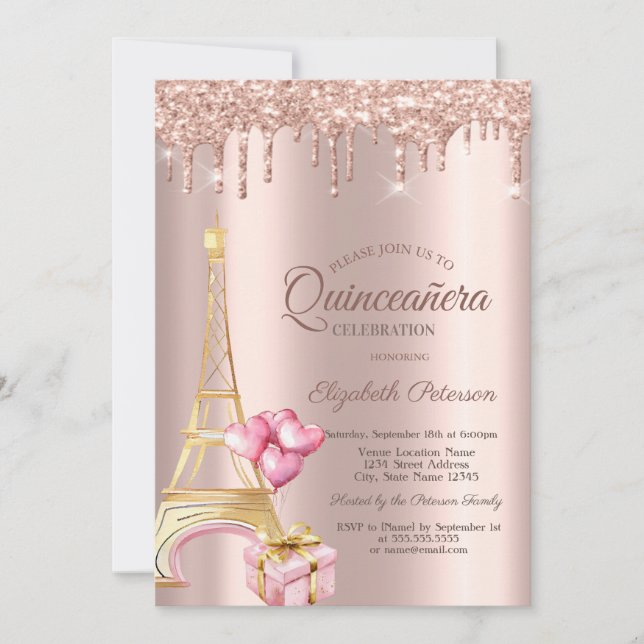 Eiffel Tower Present Balloons Rose Gold Drips  Invitation (Front)