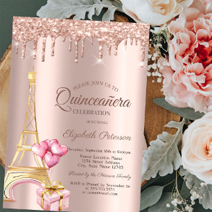 Eiffel Tower Present Balloons Rose Gold Drips Invitation