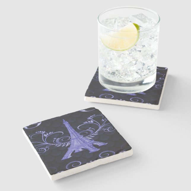 Eiffel Tower Purple Floral Swirls Stone Coaster (Side)