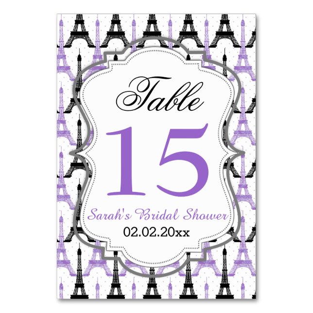 Eiffel tower Purple Personalised table numbers (Front)