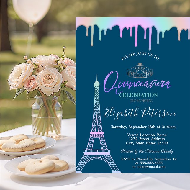  Eiffel Tower,Rainbow Drips Blue Quinceañera Invitation (Creator Uploaded)