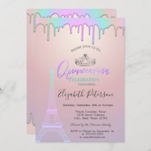  Eiffel Tower,Rainbow Drips Quinceañera  Invitation