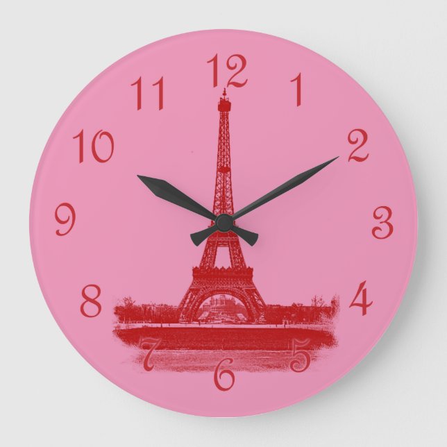 Eiffel Tower Red And Pink Large Clock (Front)