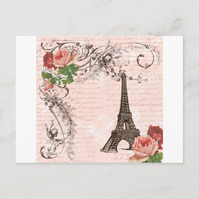 Eiffel Tower Red & Pink Rose Postcard (Front)