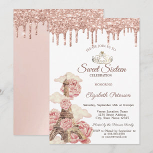 Eiffel Tower  Rose Gold Glitter Drips Sweet 16 Invitation