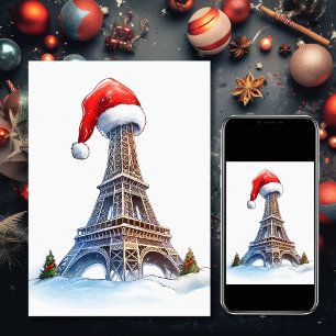 Eiffel Tower, Santa Hat Paris Holiday Christmas Card