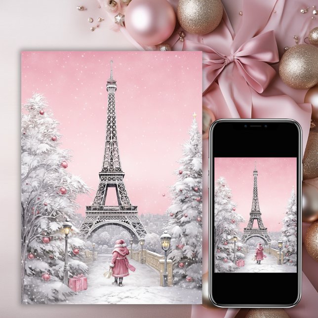 Eiffel Tower, Santa, Paris Chic Pink Christmas Holiday Card (Creator Uploaded)