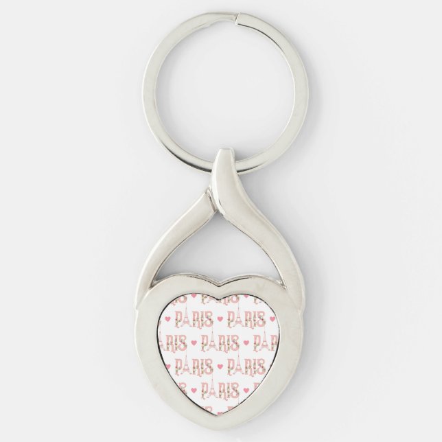 Eiffel Tower Silhouette Paris Flowers French Heart Key Ring (Front)